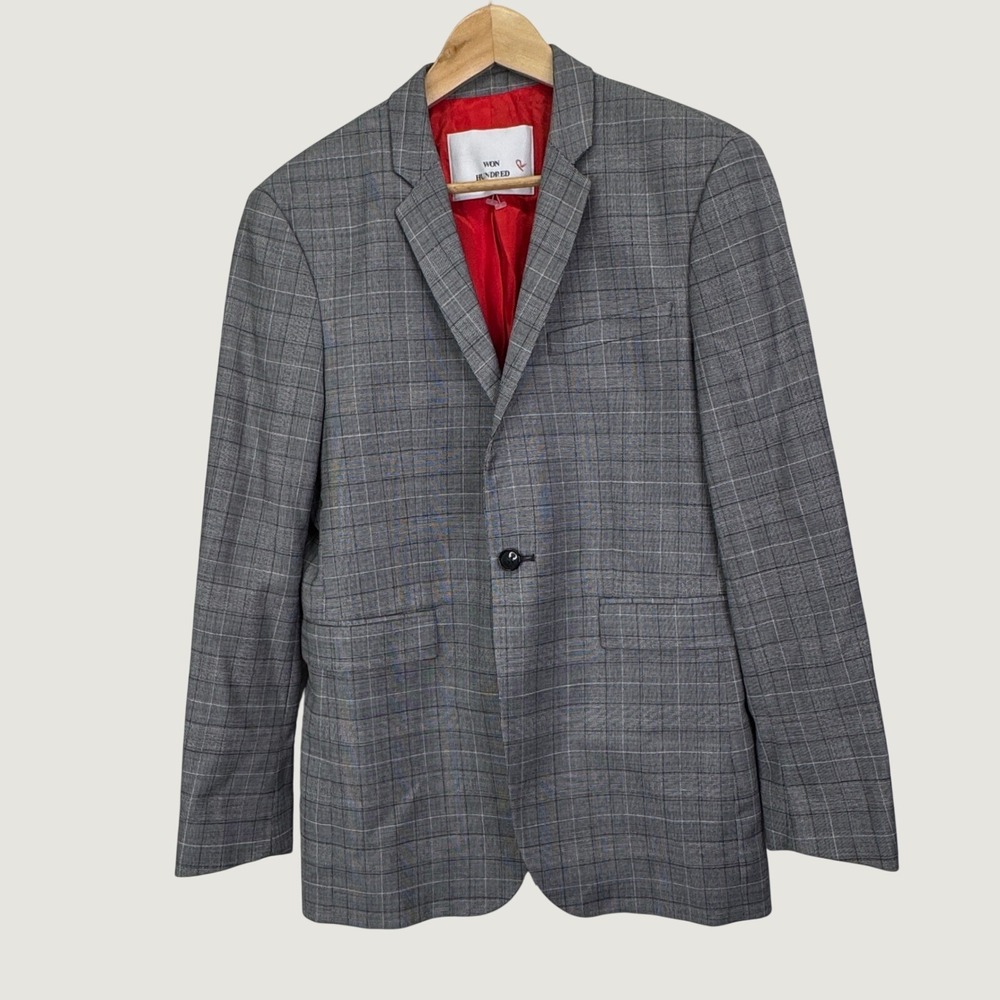 Won Hundred Oscar Blazer 48 Grey Plaid Wool Blend Slim‎ Scandi Minimalist